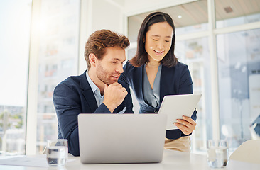 Image showing Tablet, teamwork and business people on laptop for support, planning and management at online, tech company. Meeting, happy and corporate woman with boss or colleague on digital software and computer