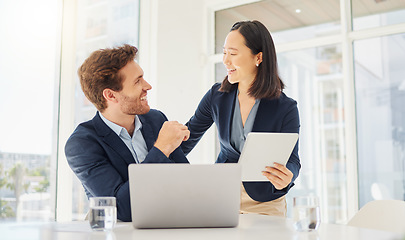 Image showing Business people, tablet and planning, teamwork or management for job workflow at online, tech company. Meeting, happy and corporate woman with manager or colleague on digital software and computer