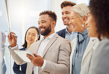 Image showing Writing, tablet and business people on glass board for planning, teamwork and workflow management. Diversity, happy and employees or woman with manager on digital technology and group brainstorming