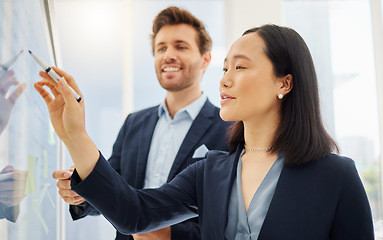 Image showing Business man, woman and writing with sticky note, glass and planning goal with brainstorming in office. Japanese businesswoman, businessman or notes with happiness, moodboard and problem solving team