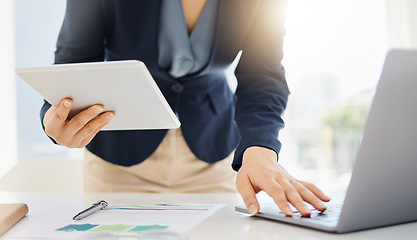 Image showing Tablet, research and laptop with hands of woman in office for planning, online report or email. Technology, communication and connection with closeup of female employee for corporate, idea and review