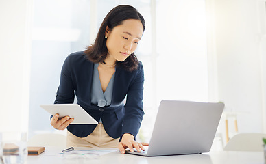 Image showing Tablet, focus and laptop with business woman in office for planning, online report and email. Technology, communication and connection with asian female employee for corporate, idea and review