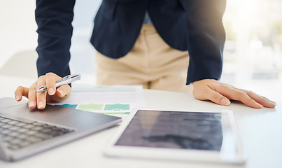 Image showing Tablet, laptop and businessman working in the office planning corporate project or proposal. Technology, professional and closeup of male employee doing research with computer and mobile in workplace