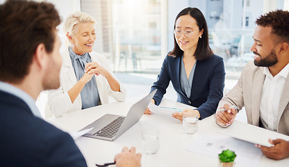 Image showing Collaboration, paperwork and team in a meeting in the office planning a corporate proposal. Teamwork, document and professional business people in discussion working on project together in workplace.