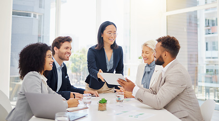 Image showing Discussion, tablet and business people in a meeting in the office planning a corporate proposal. Teamwork, tech and professional team in collaboration working on project with mobile in workplace