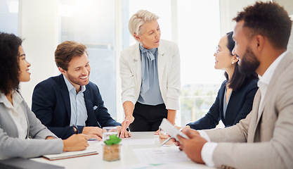 Image showing Leader, business meeting and happy people teamwork, cooperation or collaboration on planning, ideas or agency work. Brainstorming group, diversity project and boardroom team working together on plan