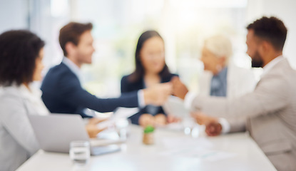 Image showing Defocused office, business meeting and people teamwork, cooperation or collaboration on planning discussion. Blurred strategy group, coworking lawyers and workplace team consulting, talking or chat