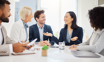 Image showing Diversity, happy people and business meeting discussion, conversation or consultation for law firm planning strategy, Smile, happiness and boardroom team of lawyers working together on research plan