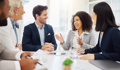 Image showing Diversity, conversation and business meeting people laughing at funny admin joke, comedy humour or story. Proposal, happiness and professional team, management group or happy staff consulting