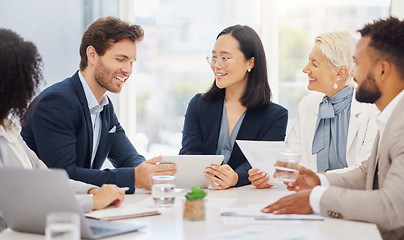 Image showing Business meeting, digital tablet and people in office for planning, corporate or collaboration. Teamwork, strategy and group with diversity online for kpi, review and brainstorming, happy and excited