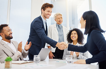 Image showing Partnership, agreement and happy business people shaking hands for investment deal, b2b contract negotiation or acquisition. Human resources promotion, diversity and HR manager with hiring welcome