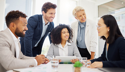 Image showing Diversity, conversation and happy business people listening to investment proposal, corporate innovation plan or idea. Attention, support and research team, management group or asian person talking