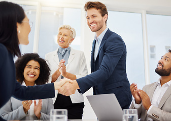 Image showing Agreement, happiness and business people shaking hands for investment proposal success, b2b contract deal or merger. Employee promotion, celebration applause and HR manager with thank you handshake