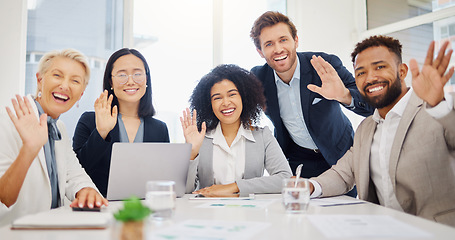 Image showing Business people, group wave and video call together for webinar in office with happiness, diversity and teamwork. Corporate team, portrait and happy with men, women and excited for virtual conference