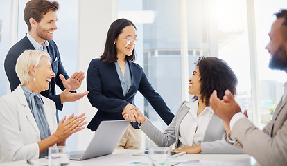 Image showing Applause, office deal and happy people shake hand for job interview success, promotion or hiring welcome. Recruitment, diversity and team clapping, celebrate and excited for career success growth