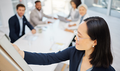 Image showing Office meeting, whiteboard presentation and woman explain business development, brainstorming plan or investment strategy. Presenter speech, proposal or Asian person talking, speaking or present idea