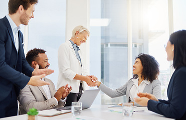 Image showing Team celebration, happiness and business people handshake for job interview success, promotion or welcome. Senior manager, diversity and group applause, congratulations and well done achievement