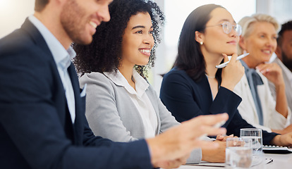 Image showing Conference panel, happy woman and office team listen to boardroom speech, business idea or professional strategy. Presentation meeting, diversity audience and executive group attention to sales pitch