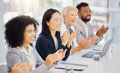 Image showing Conference panel, smile and business people applause, congratulations and happy for presentation speech, success or achievement. Management, seminar event and diversity team clapping for company plan