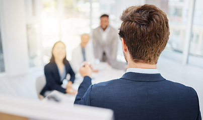 Image showing Business people meeting, communication and man with presentation, speech or office report, idea or development. Speaker, presenter or back of person consulting, chat and talking to investment clients