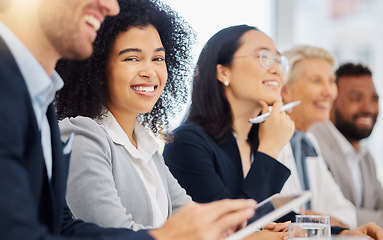 Image showing Conference panel, portrait and happy woman, business audience or director smile for trade show, meeting or idea pitch. Female person, listening and row of boardroom people at presentation speech