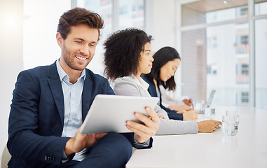 Image showing Conference meeting, tablet and happy man, row of people and online research, panel notes or typing tradeshow report. Audience, reading or professional male smile at presentation insight statistics