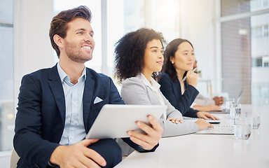 Image showing Conference meeting, listening man and row of people and attention to sales opportunity, presentation or project development. Diversity audience, focus panel or executive team happy for seminar event