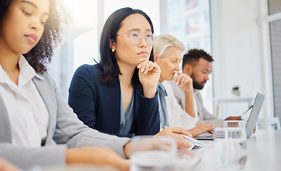 Image showing Conference meeting, woman or row of thinking people planning, problem solving or brainstorming solution. Diversity audience, business panel focus or Asian person contemplating ideas, plan or strategy