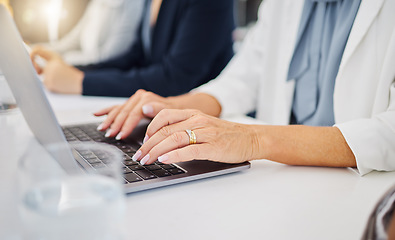 Image showing Laptop, hands of business woman in office for research, planning and email. Website, online report and technology with closeup of female employee typing in meeting for idea, internet and digital