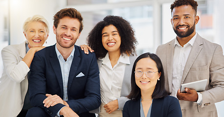 Image showing Teamwork, happy and portrait of business people in office with confidence, pride and motivation. Professional, diversity and group of men and women smile for success, company mission and happiness