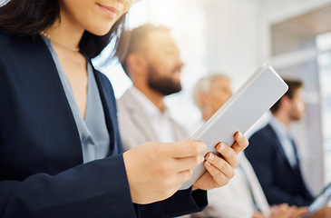 Image showing Conference meeting, tablet and hands of woman typing digital notes for business panel, trade show or seminar. Audience row, boardroom person review and reading sales pitch insight, statistics or data