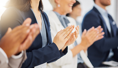 Image showing Convention crowd, hands or business people applause for congratulations, project strategy success or workshop. Support, office meeting and seminar audience, team or group clapping for successful plan