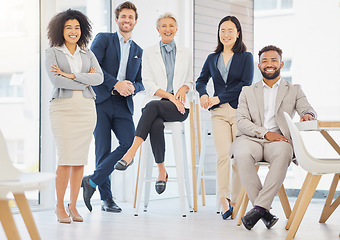 Image showing Team, happy and portrait of business people in office for confidence, pride and goals on chairs. Professional, diversity and group of men and women smile for success, company mission and happiness