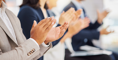 Image showing Audience row, hands or office team applause for congratulations, promotion winner or company growth. Trade show, conference meeting and seminar people clapping for convention presentation