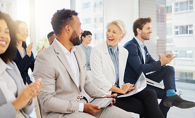 Image showing Happy crowd, diversity and business people excited for tradeshow speech, seminar presentation or training workshop. Trade show congratulations, conference meeting and audience clapping for convention