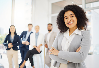 Image showing Business, happy and portrait of African woman in office with confidence, pride and crossed arms. Corporate, professional and female worker smile with team for success, company mission and leadership