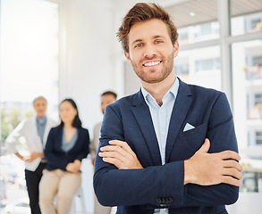 Image showing Corporate, happy and portrait of business man in office with confidence, pride and crossed arms. Leadership, corporate and male entrepreneur with smile for success, company mission and happiness