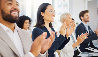 Image showing Happy audience, diversity or business people applause for trade show success, convention presentation or seminar achievement. Support, conference meeting and crowd clapping for motivational speech