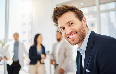 Image showing Professional, happy and portrait of business man in office with confidence, pride and happiness. Corporate, leadership and face of male entrepreneur with smile for success, company mission and team