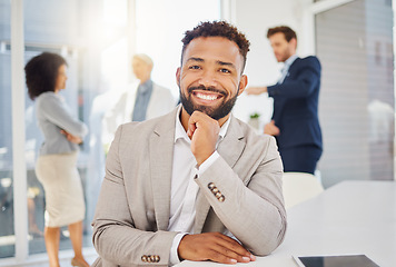 Image showing Business, happy and portrait of black man in office with confidence, pride and happiness at desk. Leadership, professional career and male worker with smile for success, company mission and goals