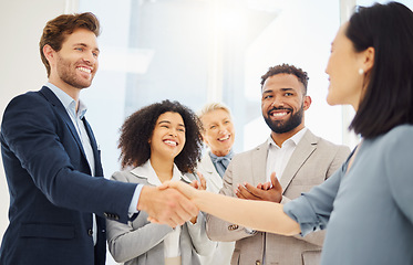 Image showing Partnership hand shake, happy or business people applause for acquisition agreement, partner deal or merger success. Thank you handshake, congratulations or diversity group clapping for job promotion