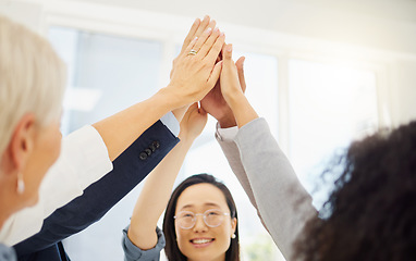 Image showing High five celebration, happy and business people excited for achievement, corporate success or company growth. Team building hands, happiness and professional group celebrate teamwork collaboration