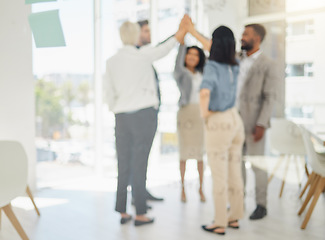 Image showing High five, happy group or business people celebrate achievement, office success or project cooperation. Team building, excited or professional group celebration, solidarity and teamwork collaboration