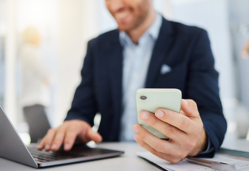 Image showing Phone, laptop with hands of man in office for research, planning and networking. Technology, digital and communication with closeup of male employee for contact, online connection and business email