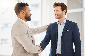 Image showing Partnership hand shake, happy man or business people agreement for investment, b2b contract deal or merger success. Thank you, recruitment handshake or person with job interview, hiring HR or welcome