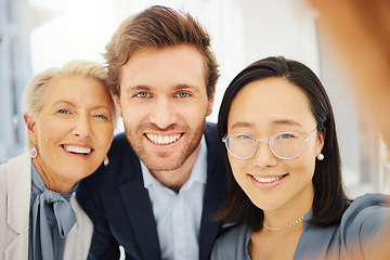 Image showing Portrait, smile and selfie of happy business people, team or corporate group for workplace memory picture. Diversity face, staff and social media photo for about us, project collaboration or teamwork