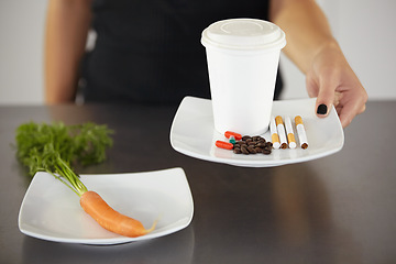 Image showing Healthy choice, plate and woman unhealthy nutrition of coffee cup, cigarettes and pills. Anorexia, eating problem and person diet of caffeine, drugs and smoking not fresh or organic carrot decision