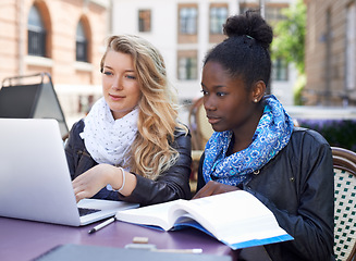 Image showing Woman, friends and students studying on laptop with book together for higher education, learning or university in city. Student women working together to study or group project on computer in town