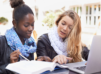 Image showing Woman, students and studying with textbook in collaboration for assignment, project or higher education in city. Women friends working together to study, ideas or work on group project in urban town