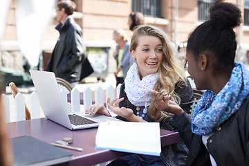 Image showing Women, education and students with laptop, outdoor and happiness with project, studying or learning. Female friends, girls or young people outside, smile or knowledge with brainstorming or share idea